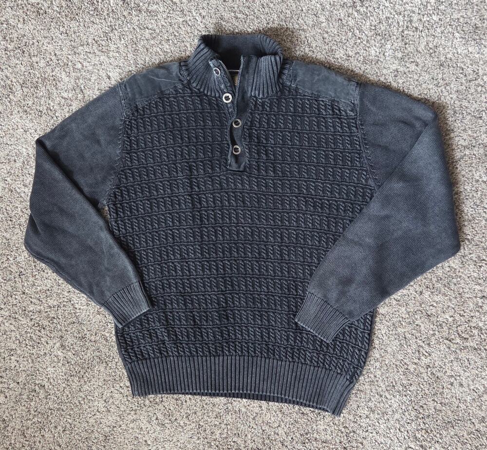 F/X Fusion Men's Quarter Button Knit Sweater Mock Neck Shoulder Patches Sz L